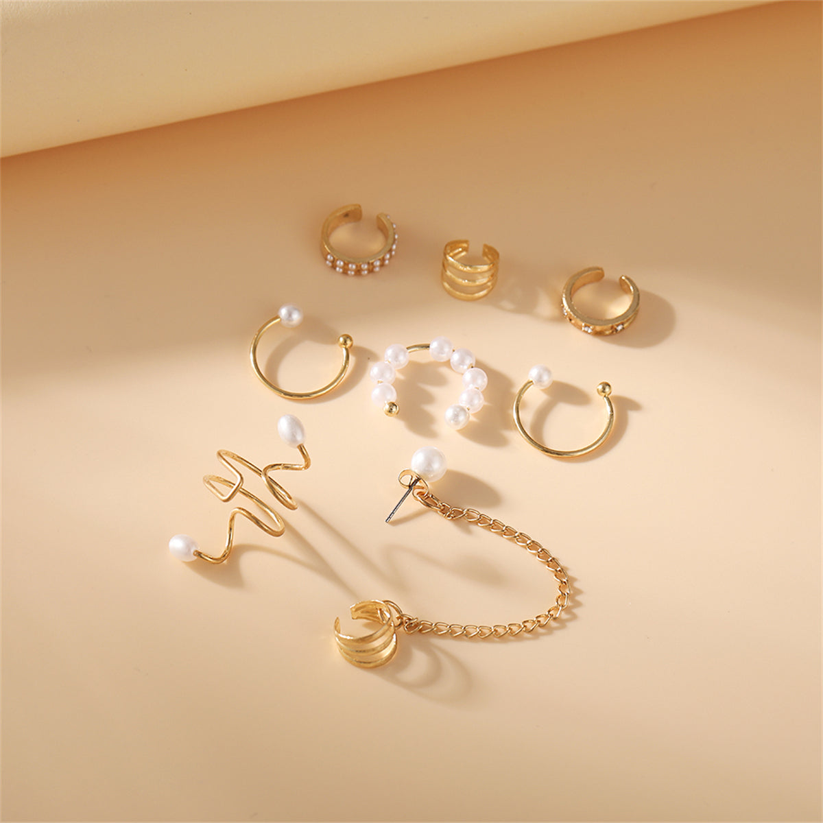 Cubic Zirconia & Pearl 18K Gold-Plated Ear Cuff Set