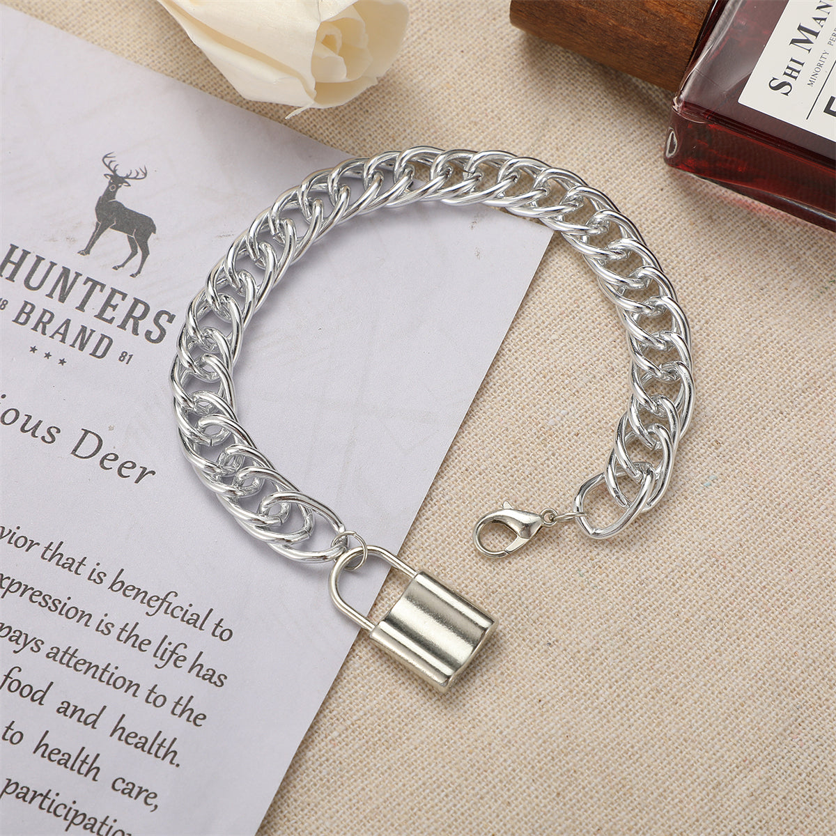 Silver-Plated Curb Chain Lock Charm Anklet, silver anklet bracelet, everyday style, side view