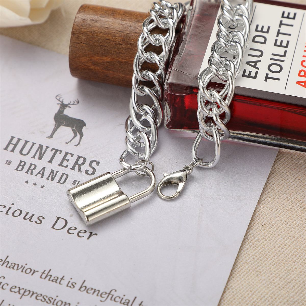 Silver-Plated Curb Chain Lock Charm Anklet, silver anklet bracelet, everyday style, detail close-up