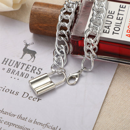 Silver-Plated Curb Chain Lock Charm Anklet, silver anklet bracelet, everyday style, detail close-up