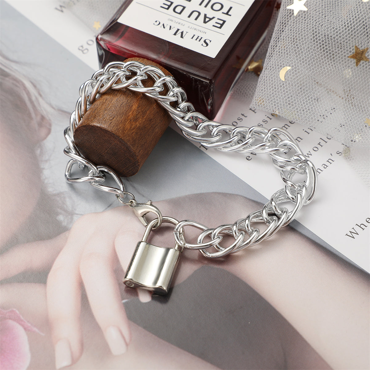 Silver-Plated Curb Chain Lock Charm Anklet, silver anklet bracelet, everyday style, styled look