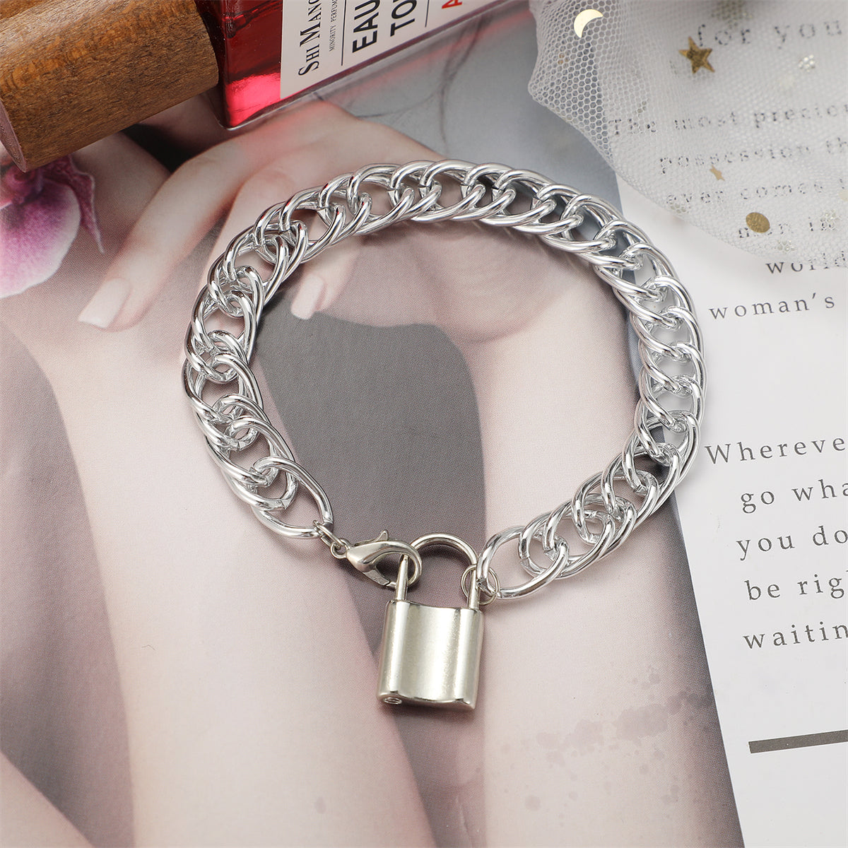 Silver-Plated Curb Chain Lock Charm Anklet