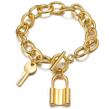 18K Gold-Plated Cable Chain Key Lock Toggle Charm Bracelet, gold bracelet for women, vintage-inspired design, side view