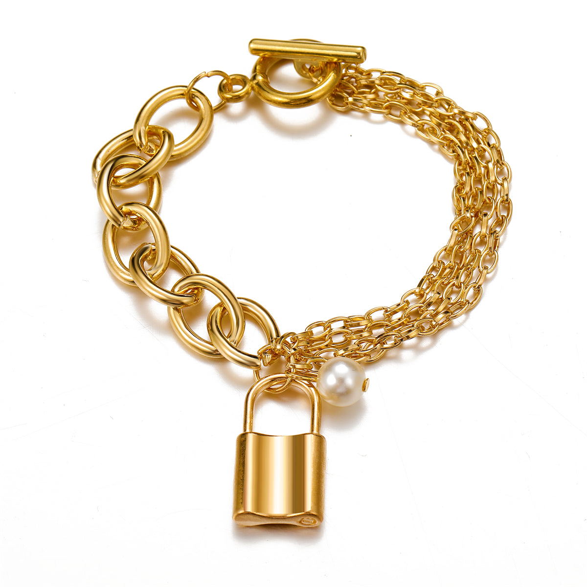 Pearl & 18K Gold-Plated Layered Chain Lock Charm Anklet