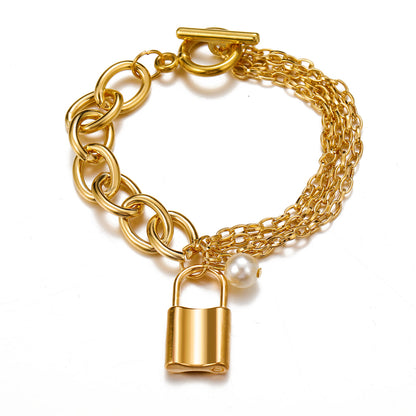 Pearl and 18K Gold-Plated Layered Chain Lock Charm Anklet, gold anklet bracelet, elegant gift for her, side view
