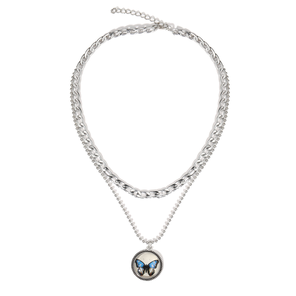 Blue Resin and Silver-Plated Butterfly Round Layered Pendant Necklace, jewelry gift sets for women, side view