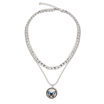 Blue Resin and Silver-Plated Butterfly Round Layered Pendant Necklace, jewelry gift sets for women, side view