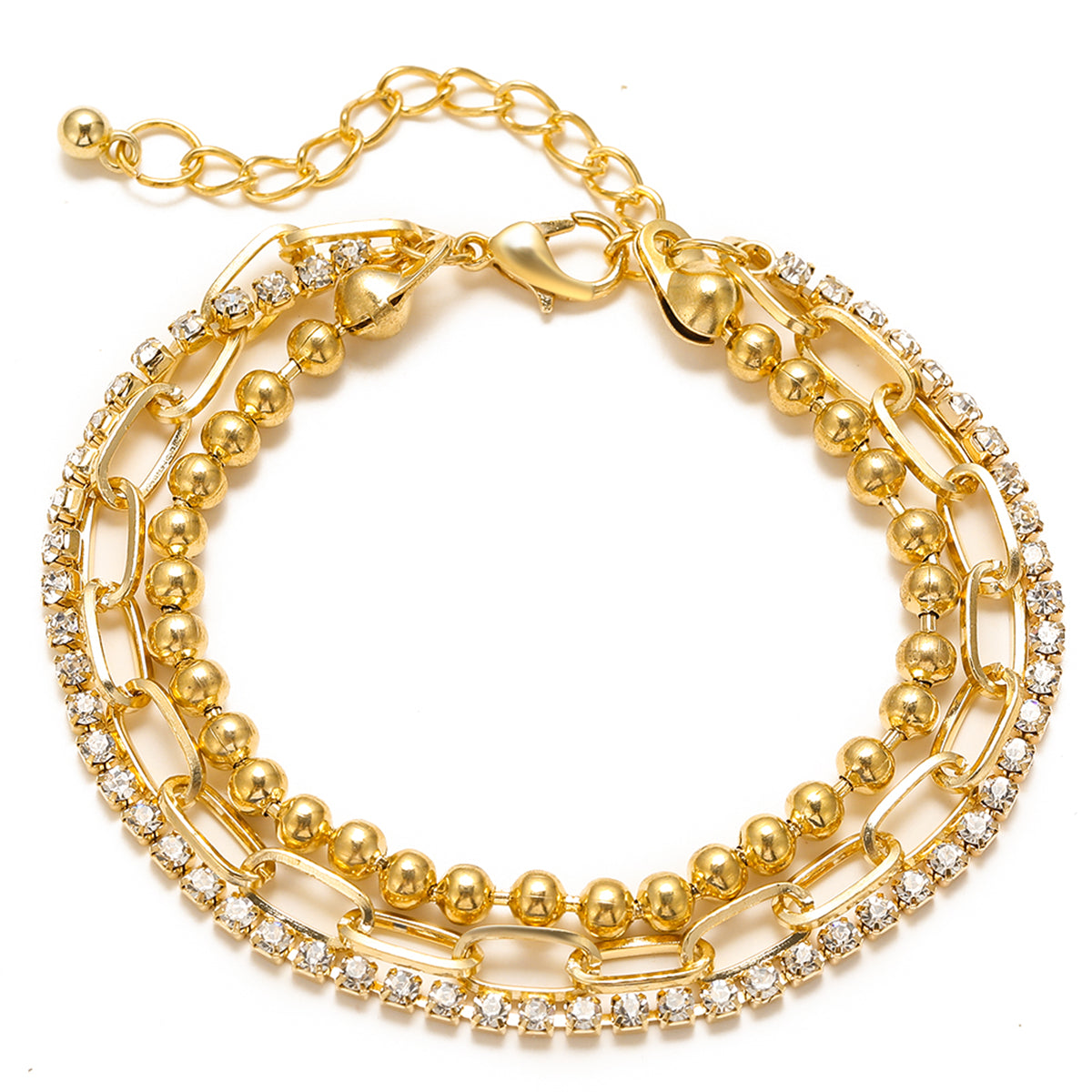 Cubic Zirconia and 18K Gold-Plated Layered Ball Chain Anklet, gold anklet bracelet, botanical inspired, side view