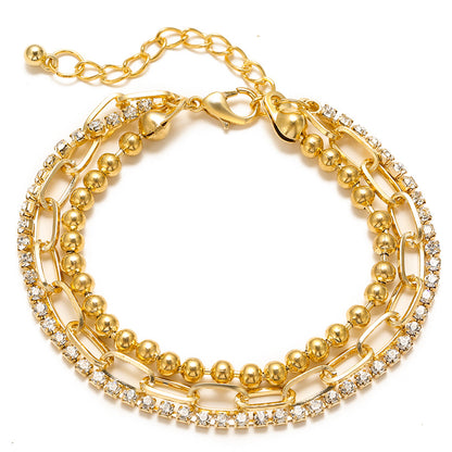 Cubic Zirconia and 18K Gold-Plated Layered Ball Chain Anklet, gold anklet bracelet, botanical inspired, side view