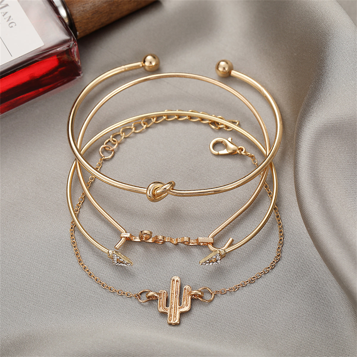 Cubic Zirconia and 18K Gold-Plated 'LOVE' Cactus Charm Cuff Bracelet Set, jewelry gift sets for women, side view