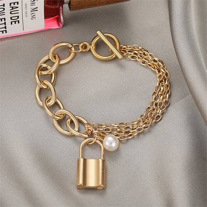 Pearl and 18K Gold-Plated Layered Chain Lock Charm Anklet, gold anklet bracelet, elegant gift for her, detail close-up