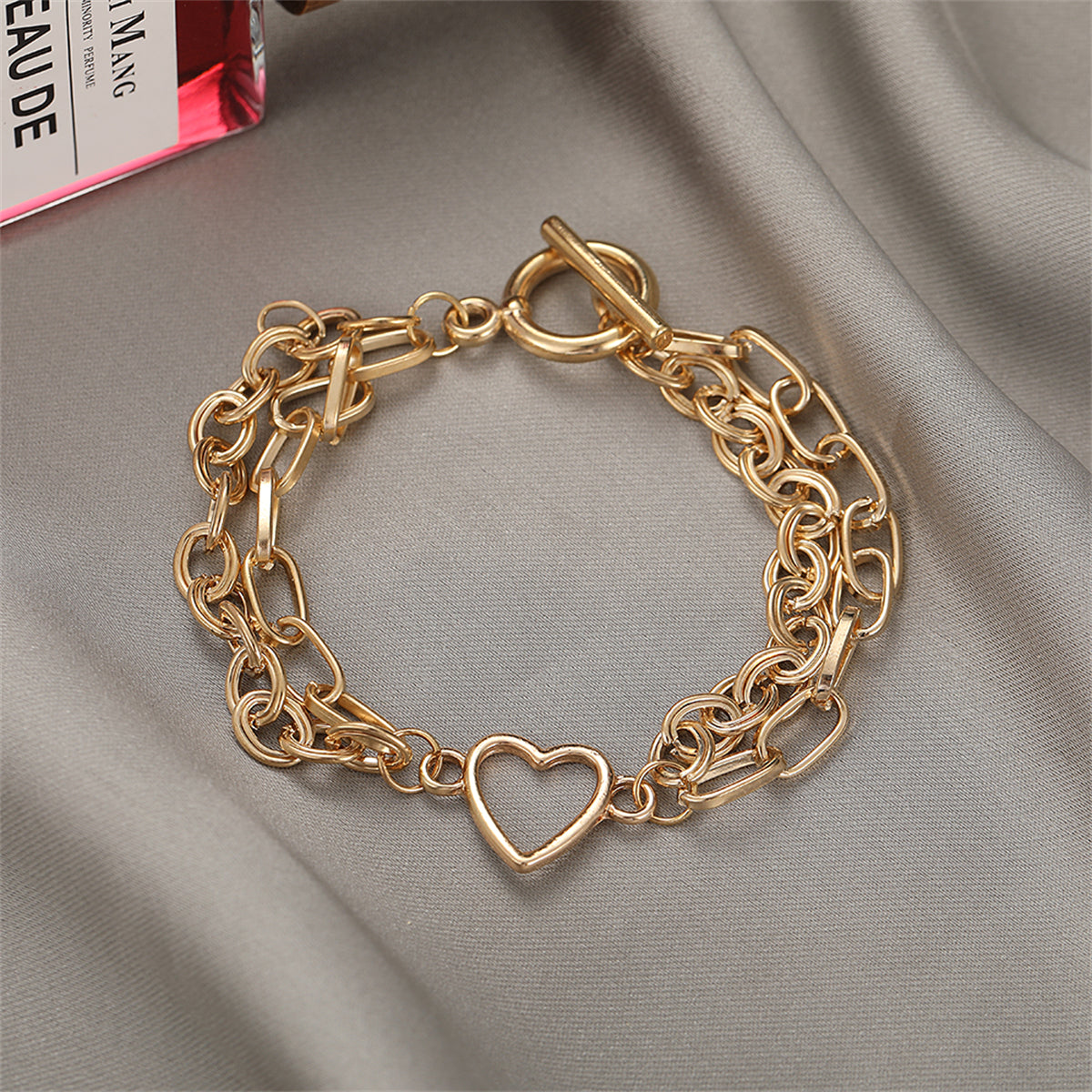 18K Gold-Plated Layered Cable Chain Openwork Heart Anklet, gold anklet bracelet, botanical inspired, side view