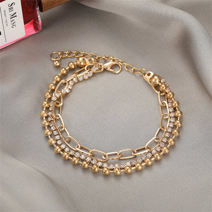 Cubic Zirconia and 18K Gold-Plated Layered Ball Chain Anklet, gold anklet bracelet, botanical inspired, detail close-up