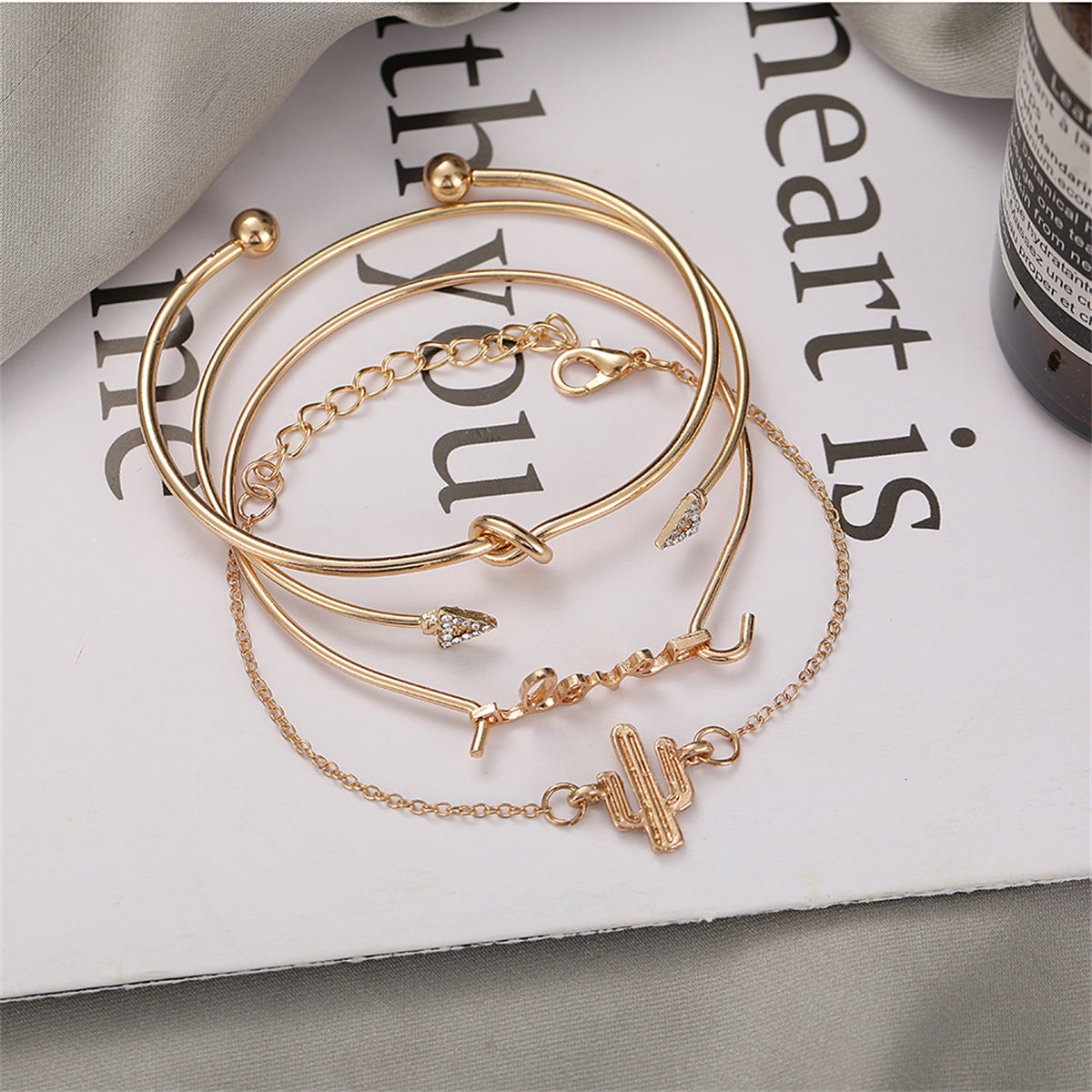 Cubic Zirconia and 18K Gold-Plated 'LOVE' Cactus Charm Cuff Bracelet Set, jewelry gift sets for women, detail close-up