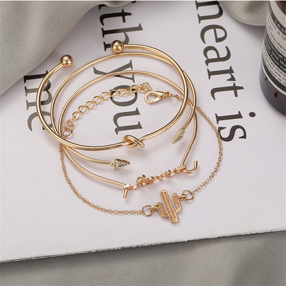 Cubic Zirconia and 18K Gold-Plated 'LOVE' Cactus Charm Cuff Bracelet Set, jewelry gift sets for women, detail close-up