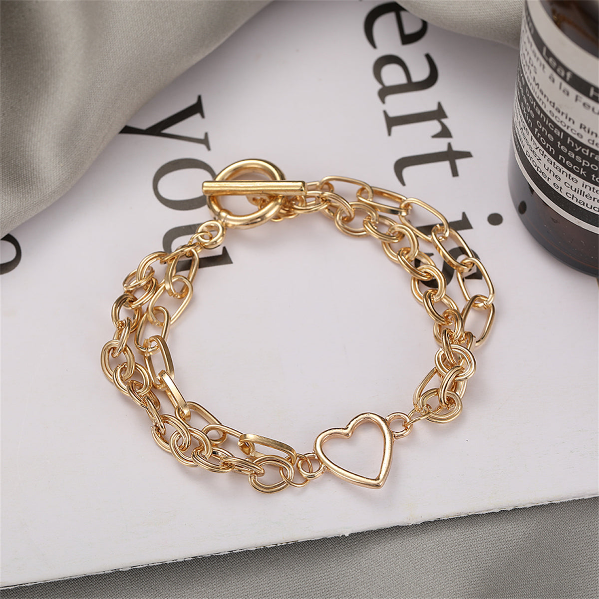 18K Gold-Plated Layered Cable Chain Openwork Heart Anklet, gold anklet bracelet, botanical inspired, detail close-up