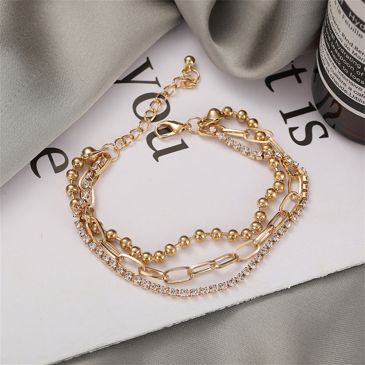 Cubic Zirconia and 18K Gold-Plated Layered Ball Chain Anklet, gold anklet bracelet, botanical inspired, lifestyle look