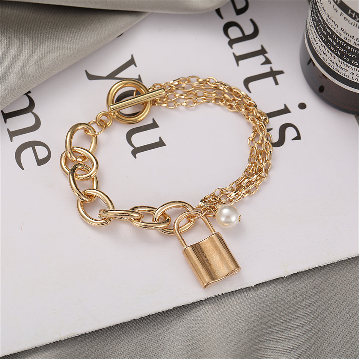 Pearl & 18K Gold-Plated Layered Chain Lock Charm Anklet