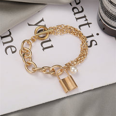 Pearl & 18K Gold-Plated Layered Chain Lock Charm Anklet