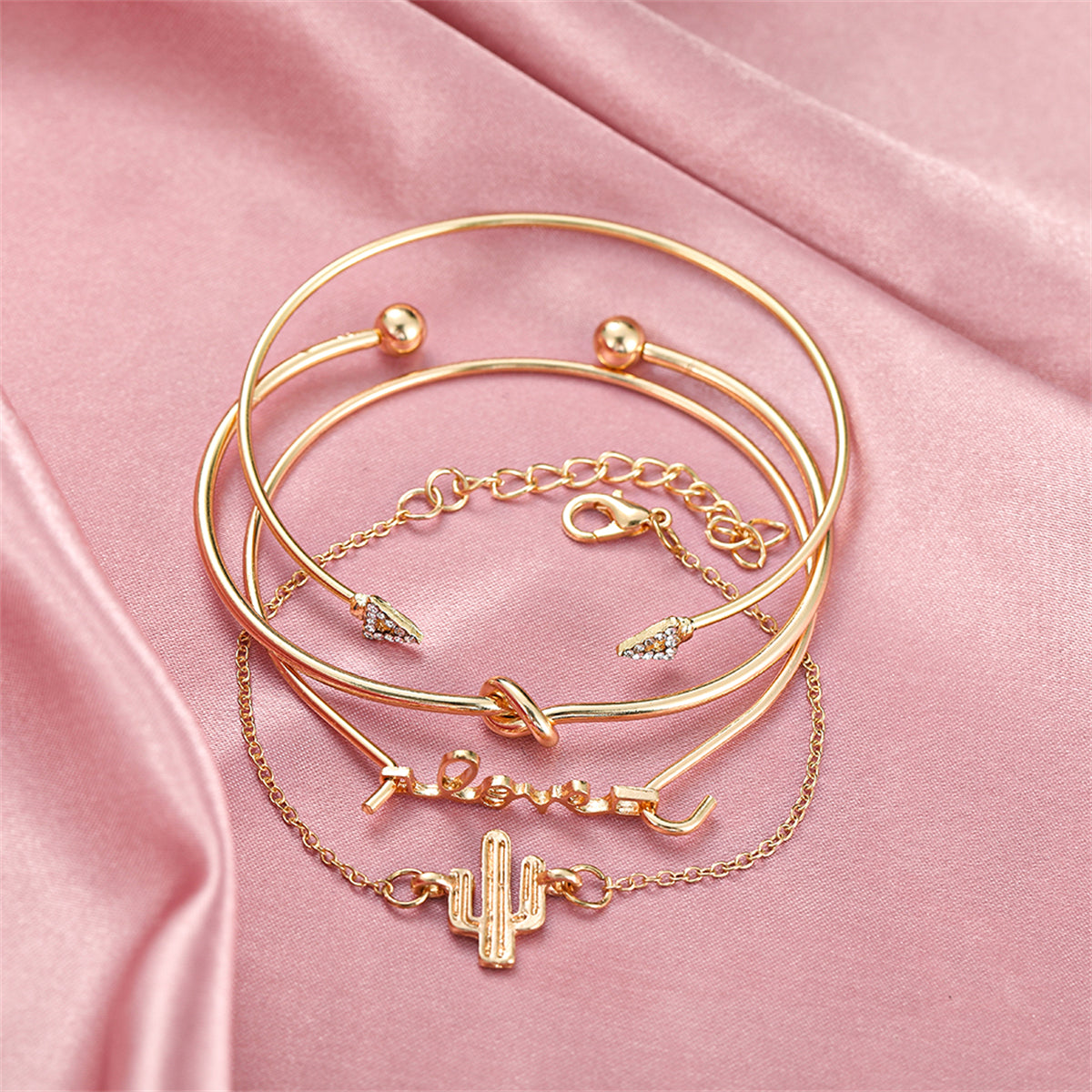 Cubic Zirconia and 18K Gold-Plated 'LOVE' Cactus Charm Cuff Bracelet Set, jewelry gift sets for women, lifestyle look