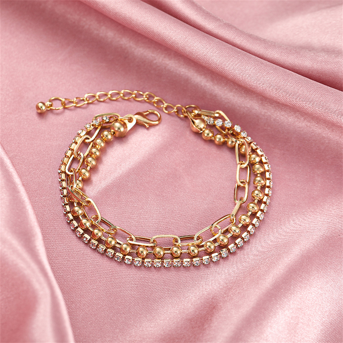 Cubic Zirconia and 18K Gold-Plated Layered Ball Chain Anklet, gold anklet bracelet, botanical inspired, styled look