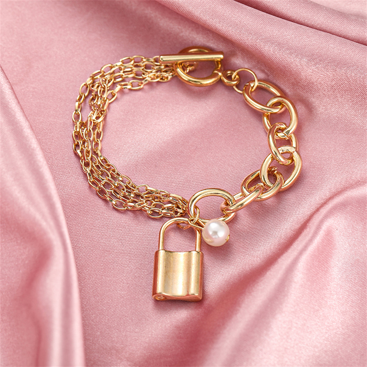 Pearl & 18K Gold-Plated Layered Chain Lock Charm Anklet