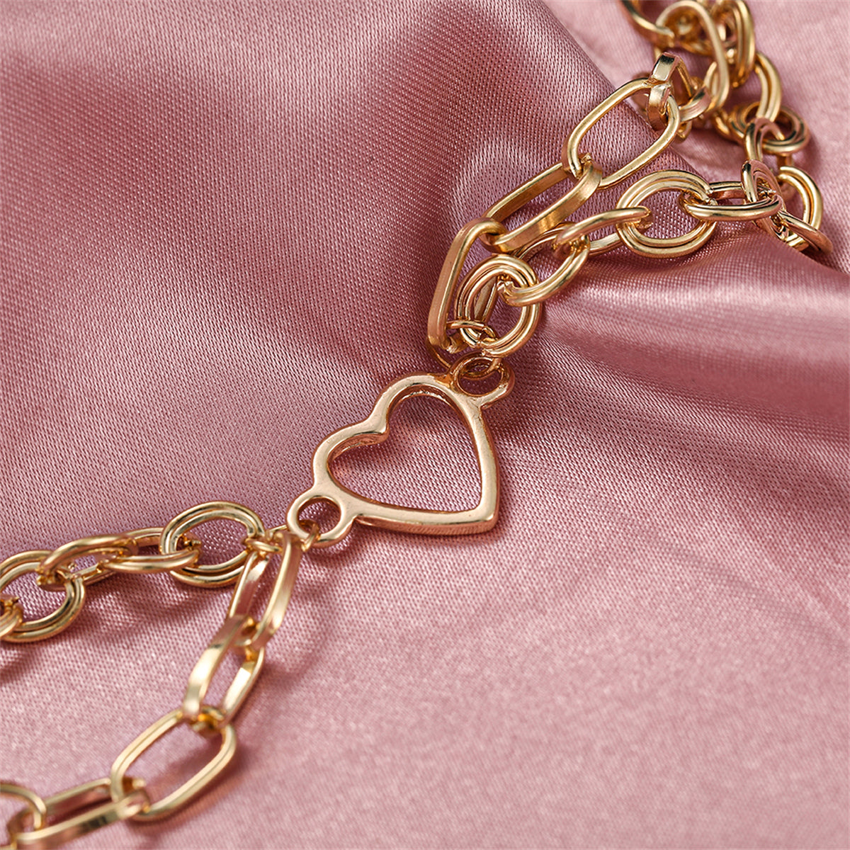 18K Gold-Plated Layered Cable Chain Openwork Heart Anklet, gold anklet bracelet, botanical inspired, styled look