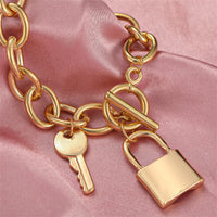 18k Gold-Plated Cable Chain Key Lock Toggle Charm Bracelet