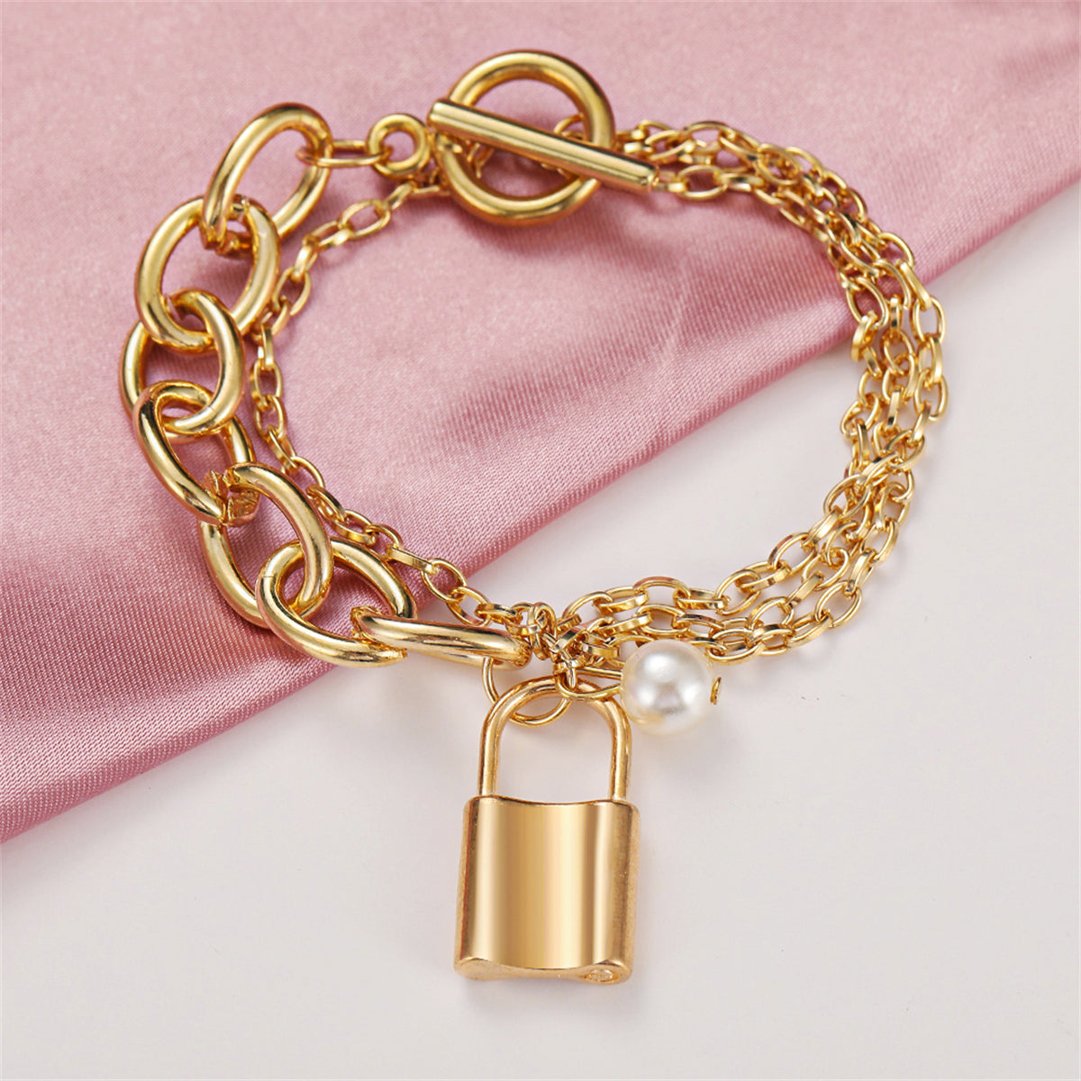 Pearl & 18K Gold-Plated Layered Chain Lock Charm Anklet