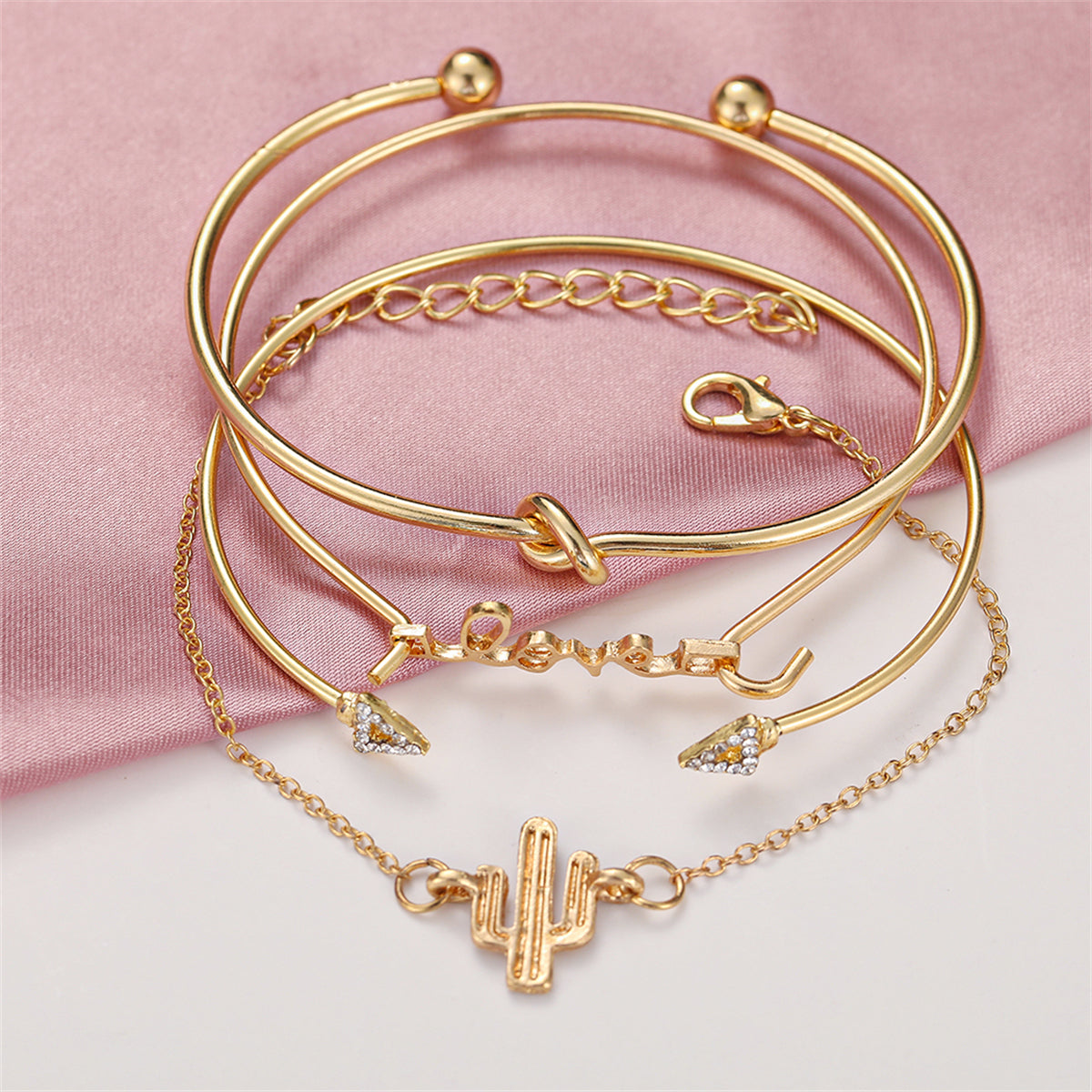 Cubic Zirconia and 18K Gold-Plated 'LOVE' Cactus Charm Cuff Bracelet Set, jewelry gift sets for women, styled look