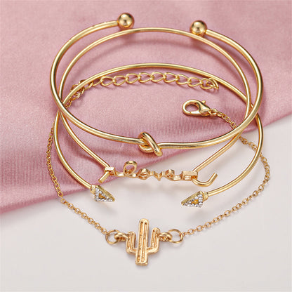 Cubic Zirconia and 18K Gold-Plated 'LOVE' Cactus Charm Cuff Bracelet Set, jewelry gift sets for women, styled look
