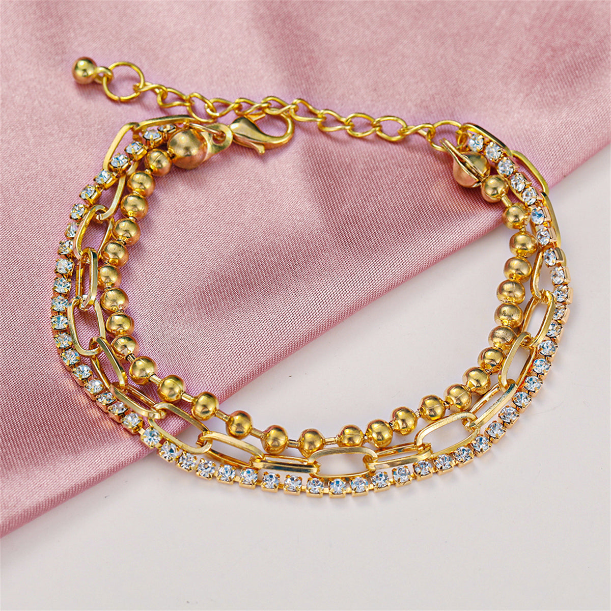 Cubic Zirconia & 18K Gold-Plated Layered Ball Chain Anklet