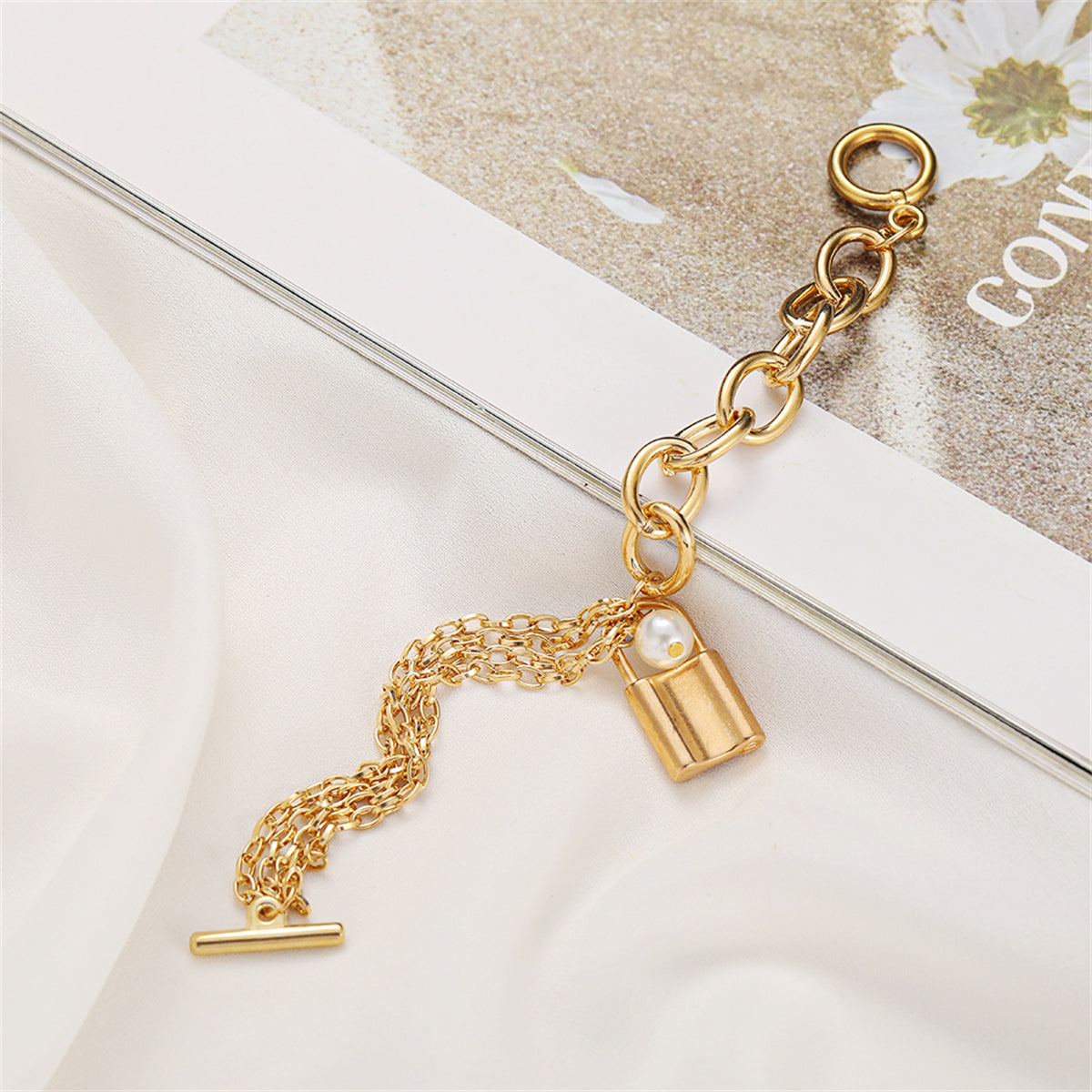 Pearl & 18K Gold-Plated Layered Chain Lock Charm Anklet