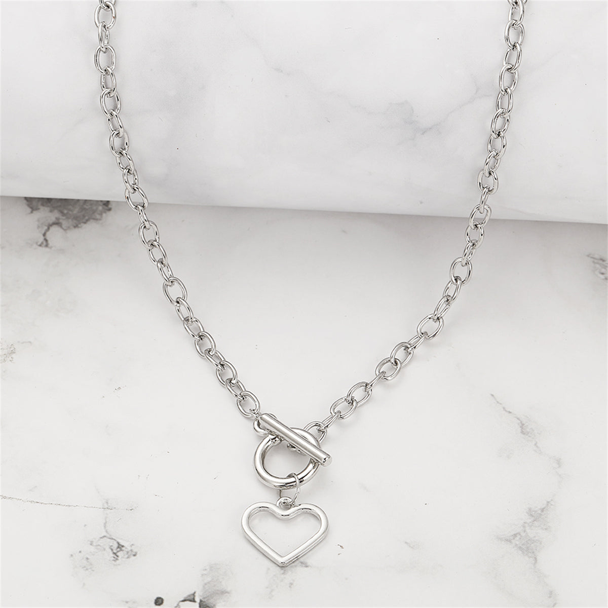 Silver-Plated Open Heart Toggle Pendant Necklace, silver pendant necklace for women, elegant gift for her, front view
