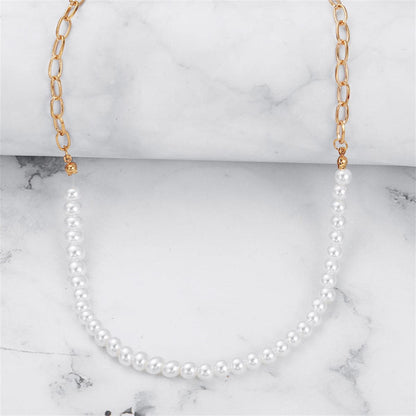 Pearl and 18K Gold-Plated Chain Link Necklace, gold pendant necklace for women, dainty minimalist design, side view