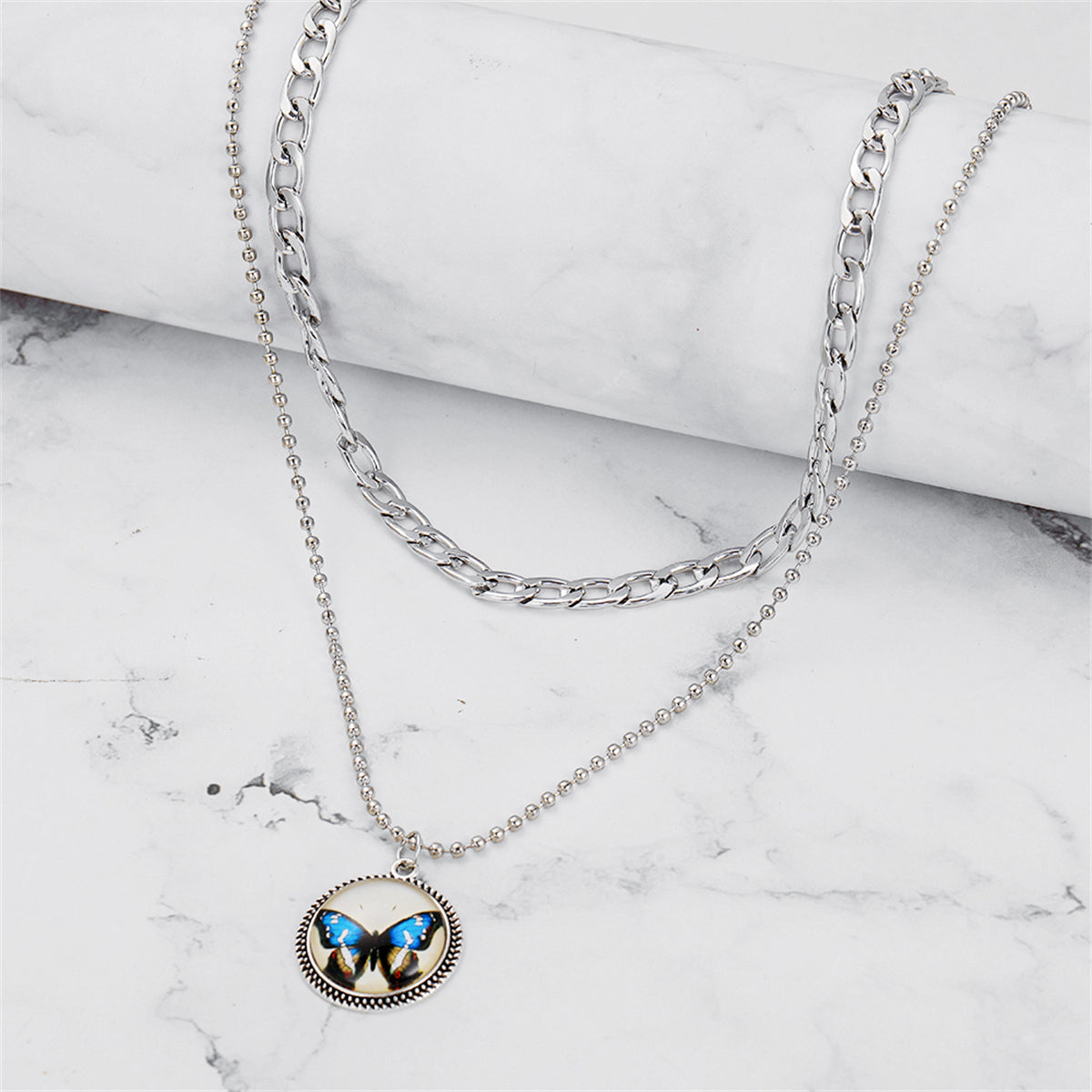 Blue Resin and Silver-Plated Butterfly Round Layered Pendant Necklace, jewelry gift sets for women, lifestyle look