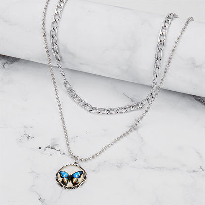 Blue Resin and Silver-Plated Butterfly Round Layered Pendant Necklace, jewelry gift sets for women, lifestyle look
