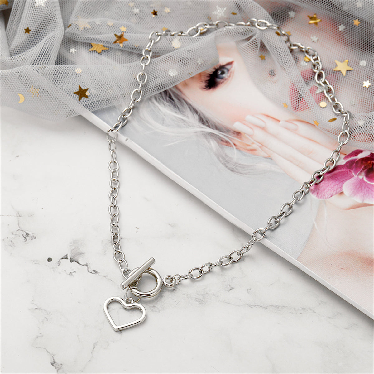 Silver-Plated Open Heart Toggle Pendant Necklace, silver pendant necklace for women, elegant gift for her, side view