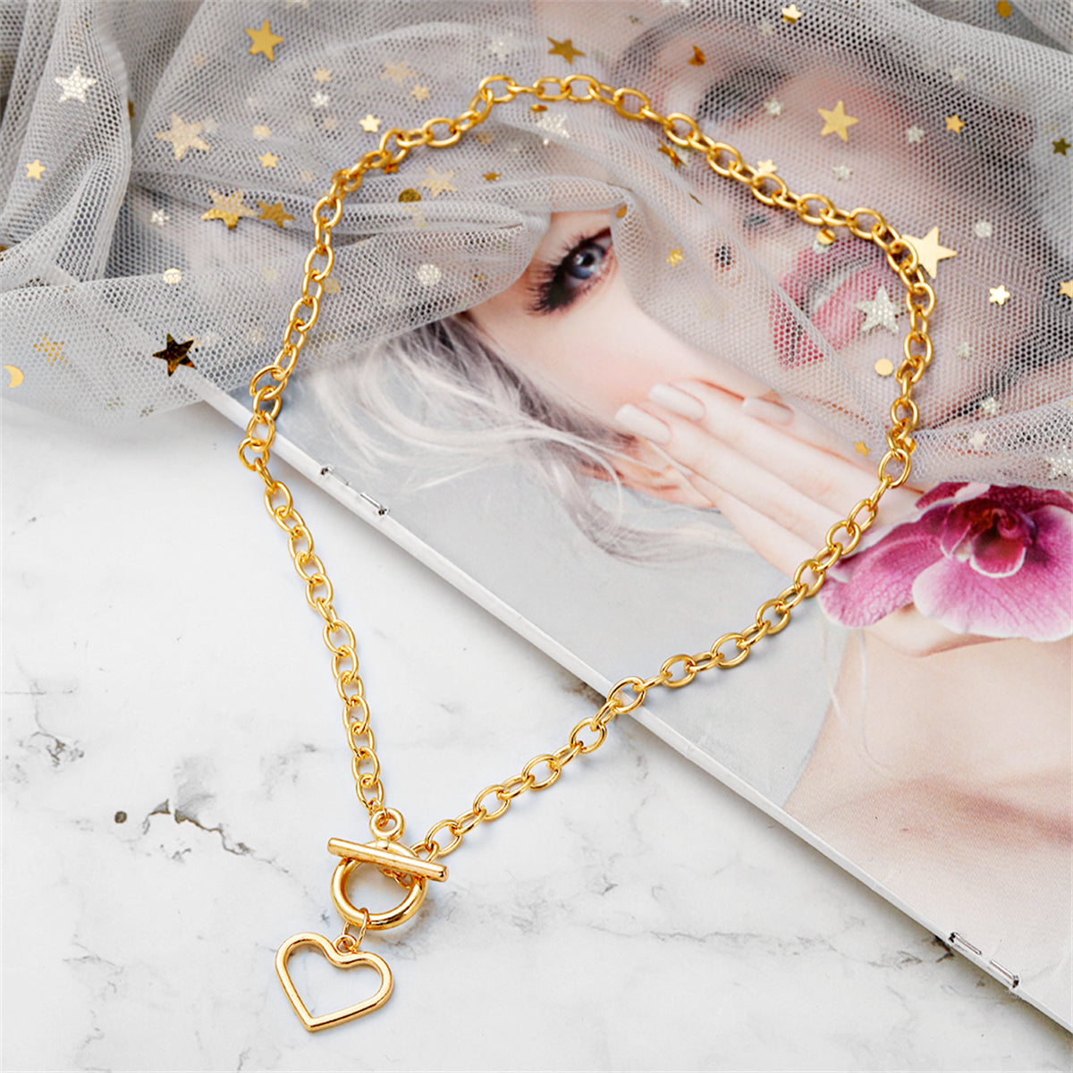 18K Gold-Plated Open Heart Toggle Pendant Necklace, gold pendant necklace for women, botanical inspired, front view