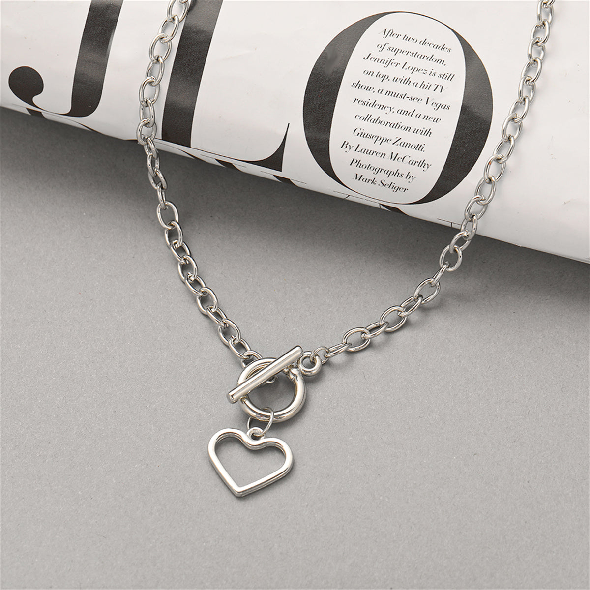 Silver-Plated Open Heart Toggle Pendant Necklace, silver pendant necklace for women, elegant gift for her, detail close-up