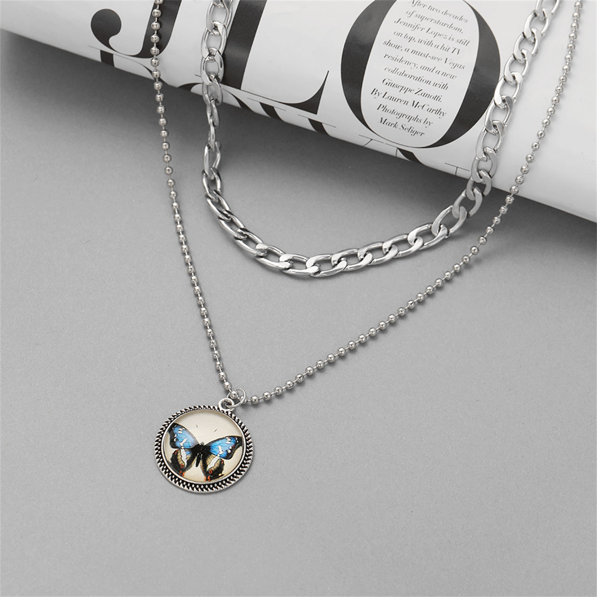 Blue Resin and Silver-Plated Butterfly Round Layered Pendant Necklace, jewelry gift sets for women, styled look
