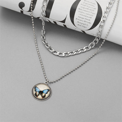 Blue Resin and Silver-Plated Butterfly Round Layered Pendant Necklace, jewelry gift sets for women, styled look