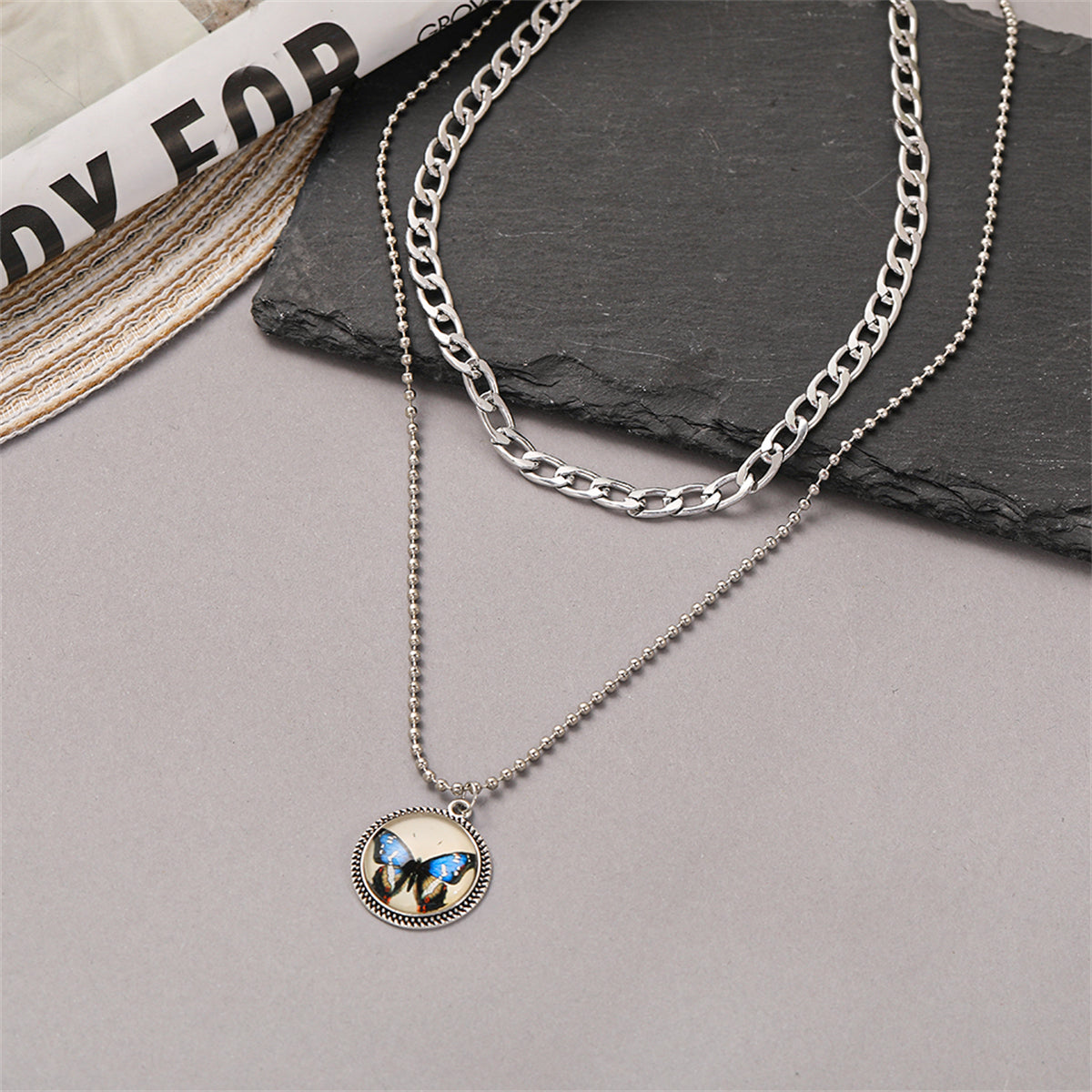 Blue Resin & Silver-Plated Butterfly Round Layered Pendant Necklace