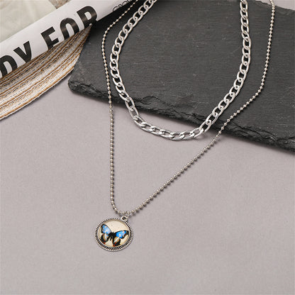 Blue Resin & Silver-Plated Butterfly Round Layered Pendant Necklace