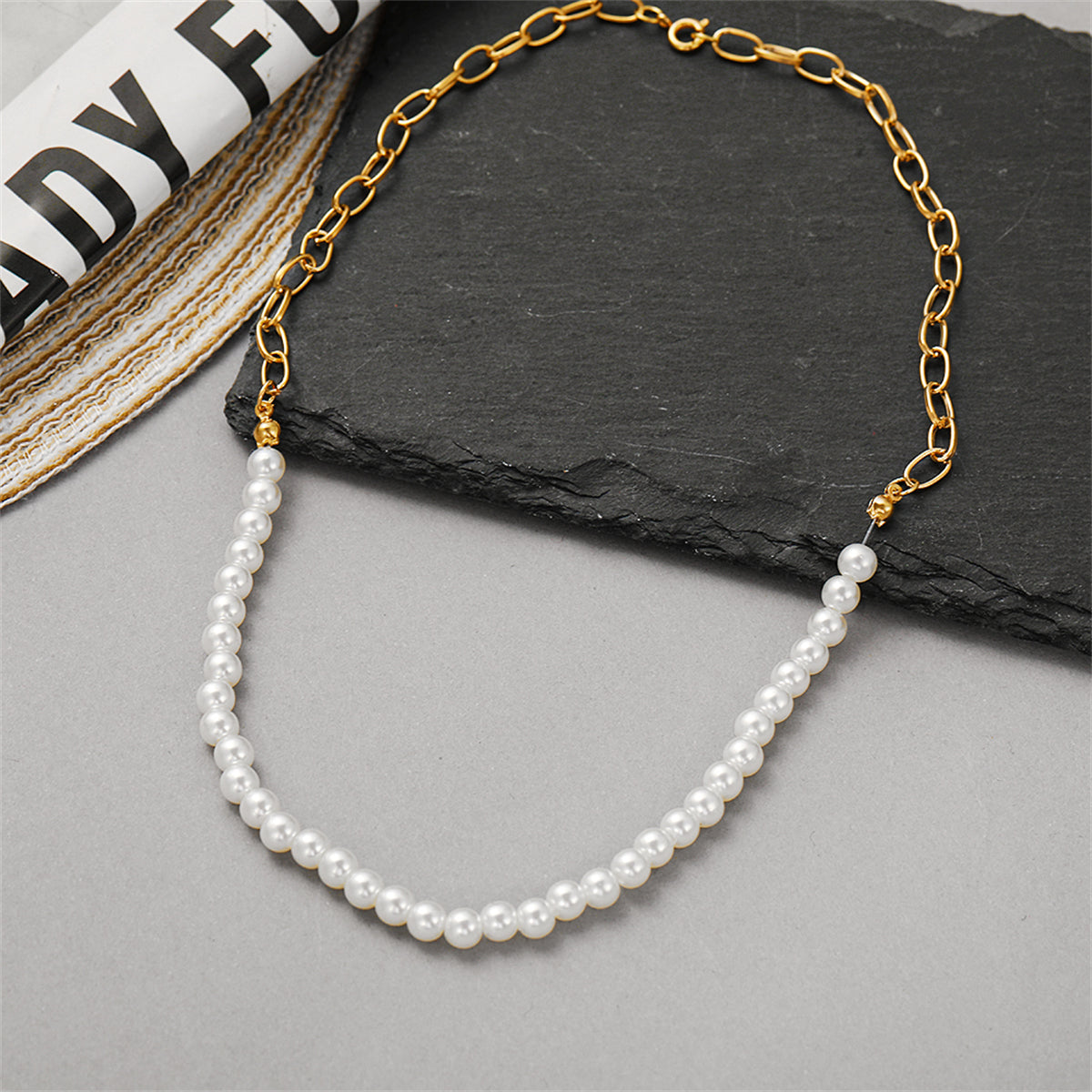 Pearl and 18K Gold-Plated Chain Link Necklace, gold pendant necklace for women, dainty minimalist design, styled look