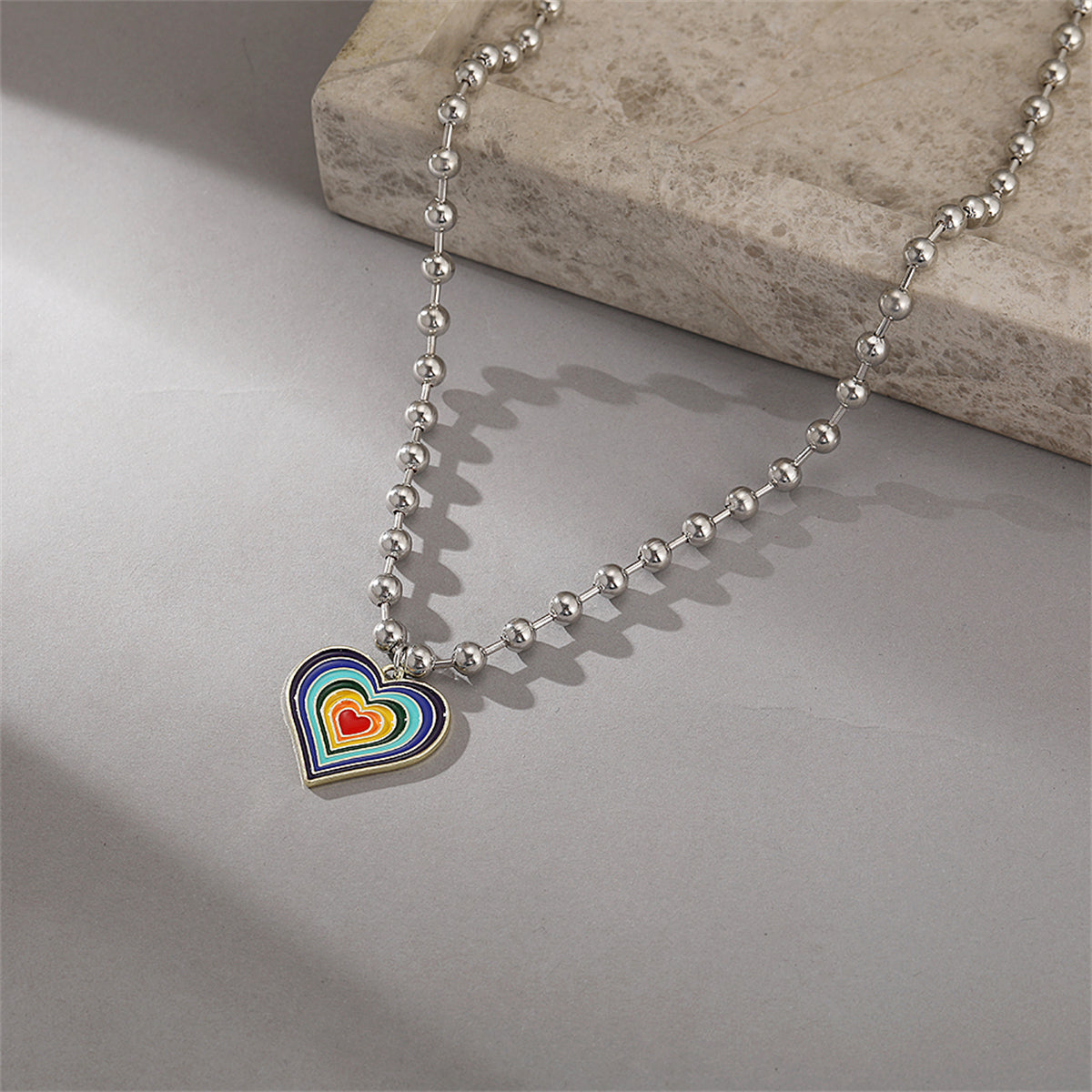 Rainbow Enamel & Silver-Plated Bead Chain Heart Pendant Necklace