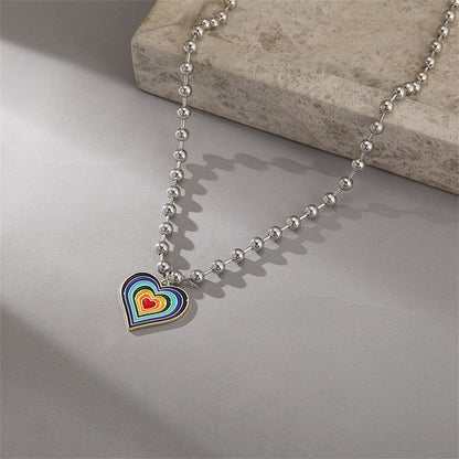 Rainbow Enamel & Silver-Plated Bead Chain Heart Pendant Necklace