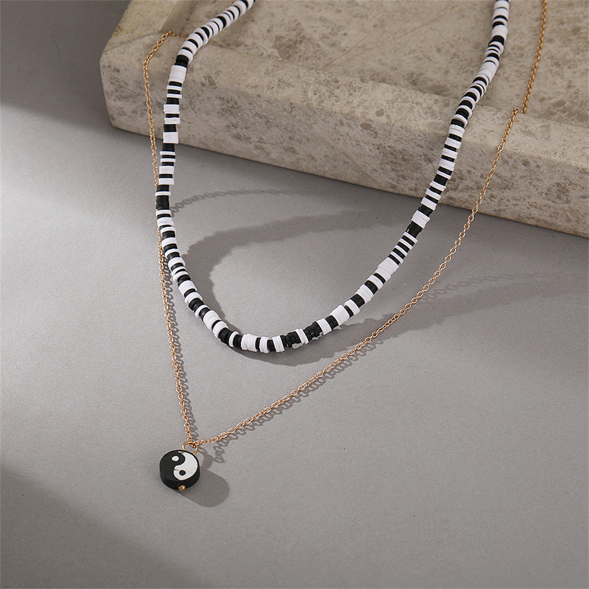 Black Acrylic & Polymer Clay 18K Gold-Plated Yin Yang Pendant Layered Necklace