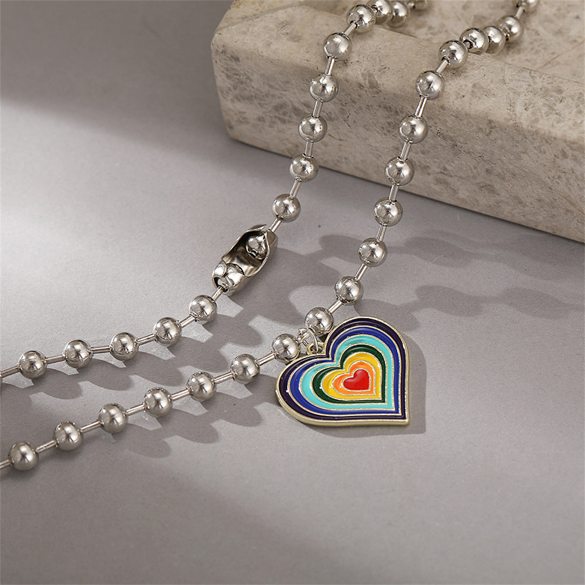 Rainbow Enamel & Silver-Plated Bead Chain Heart Pendant Necklace
