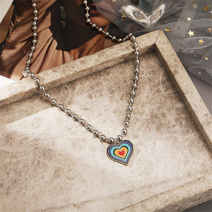 Rainbow Enamel and Silver-Plated Bead Chain Heart Pendant Necklace, silver pendant necklace for women, side view